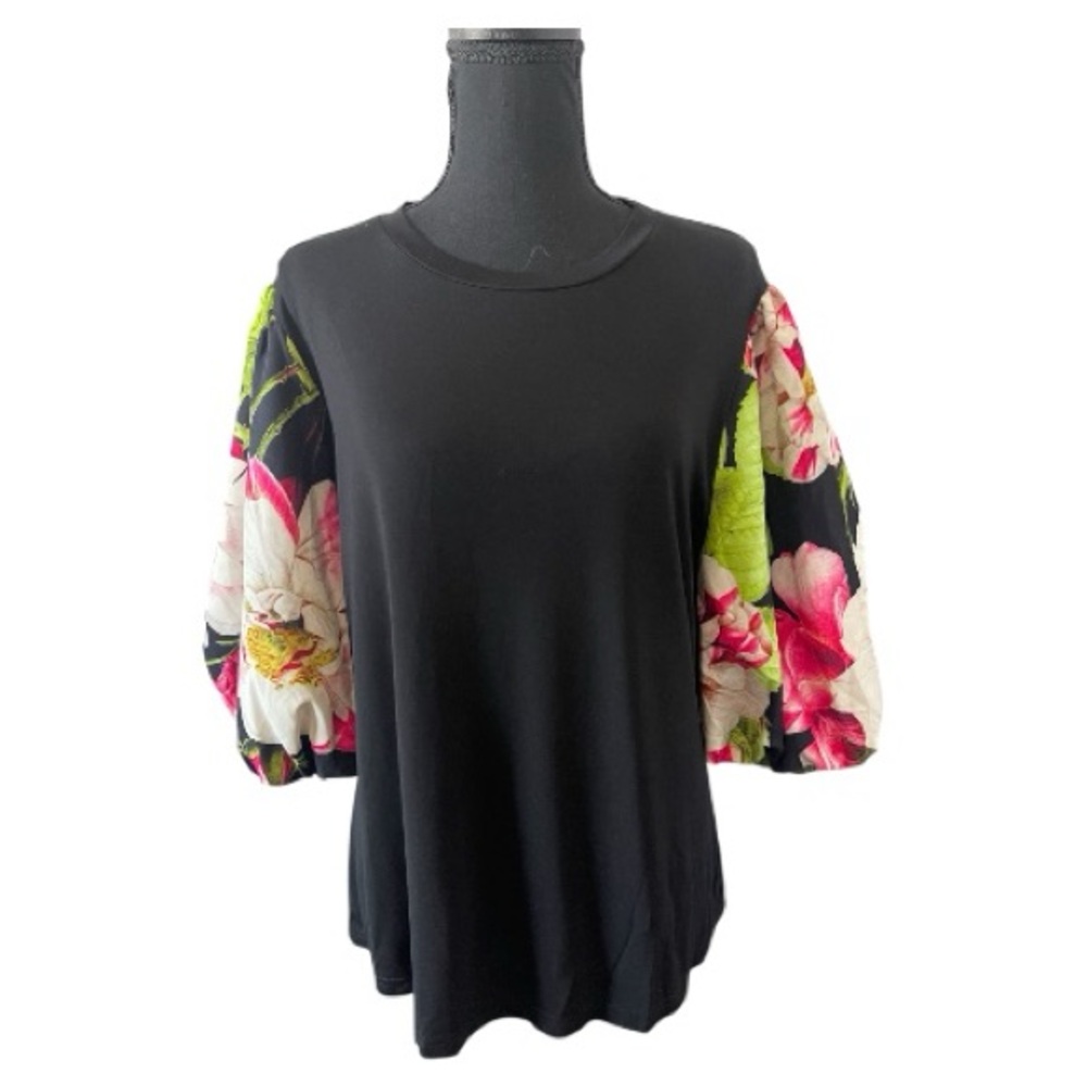 Gracia Black Top with Floral Puff Sleeves l Size 1XL l Poshmark - Picture 3 of 8